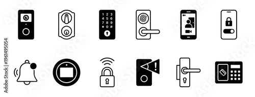 Smart home security system icon set featuring various digital and electronic locks, video doorbells, and access control symbols in a minimalist black and white glyph style