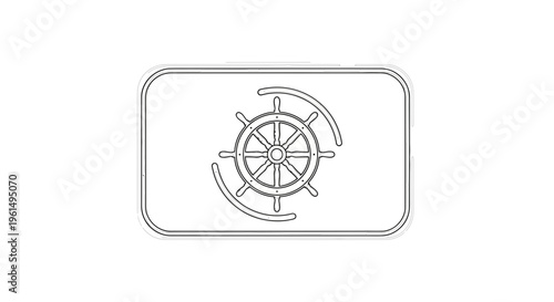Minimalist line art illustration of a ship's helm within a sleek rounded rectangle frame