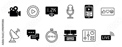Video streaming and content creator icon set with a camera, microphone, live button, and social media reactions for vlogging, podcasting, and online broadcasting concepts