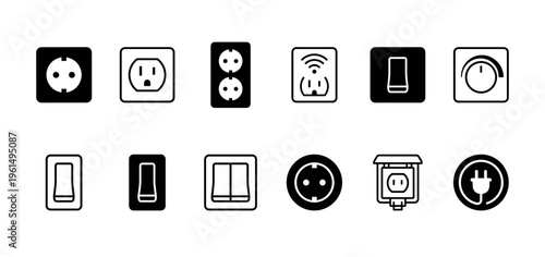Electrical outlet and light switch icon set with various types of sockets, plugs, and a dimmer control presented in a simple black and white line art and glyph design