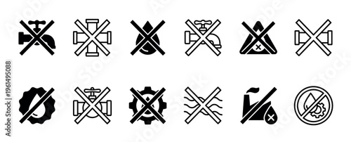 Collection of black prohibition icons showing restrictions on water usage, plumbing, and industrial pollution, presented in a clean, minimalist vector style for various warning signs