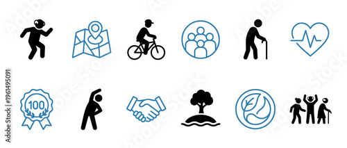 Collection of black and blue icons representing an active senior lifestyle, health, community, and longevity in a clean minimalist vector set