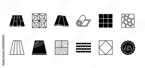 Flooring and building material icons set in a simple black and white graphic style, featuring laminate, tile, stone, linoleum, and bamboo for construction and interior design concepts