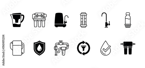 Water filter and purification system icon set featuring minimalist glyphs and line art symbols for clean drinking water, including pitcher, faucet, cartridge, and reverse osmosis