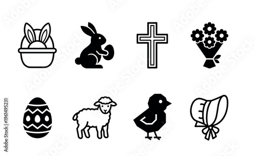 Set of black and white Easter icons featuring a bunny in a basket, a rabbit with an egg, a cross, flowers, a lamb, a chick, and a bonnet in a clean graphic style