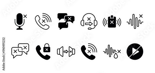 Set of black communication icons for muting and disabling sound, including microphone, phone, chat, and headset symbols in a minimalist glyph and line art style collection
