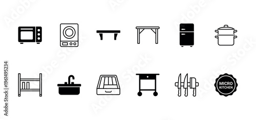 Set of black micro kitchen icons featuring appliances and furniture for a compact cooking space, including a microwave, refrigerator, sink, and knives in a minimalist vector style