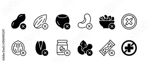 Nut free black glyph icon set showing various nuts and nut products with a prohibition sign for allergy information and food packaging design, representing dietary restrictions