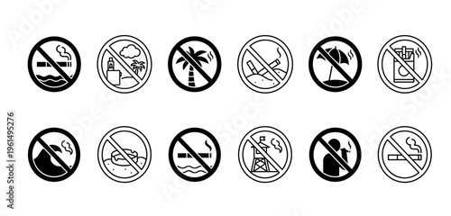 Set of black and white no smoking icons for beach and coastal areas, a collection of prohibition signs for cigarettes and vaping in a clean, minimalist line art style