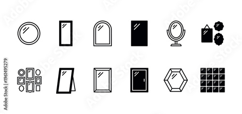 Set of various black mirror icons in different shapes and styles, including round, rectangular, oval, and arched designs for home interior and furniture concepts