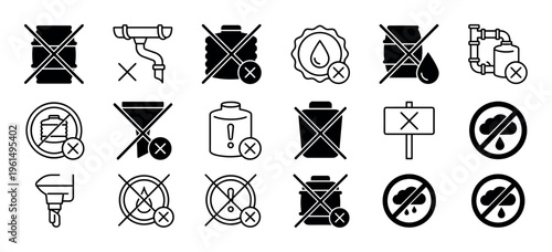 Set of black and white prohibition symbols representing various warnings and restrictions for liquids, storage containers, and drainage systems in a simple glyph and line art style