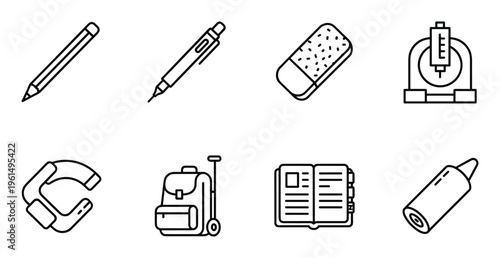 Modern thin line icons for school stationery and art supplies on gray checkered pattern background