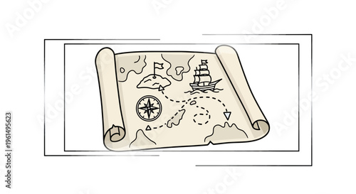 Vintage style adventure parchment map with ship and compass rose illustrating a quest for hidden