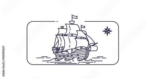 Classic sailing ship vector line art illustration with a navigational compass rose emblem