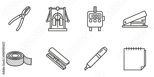 Outline vector icons of office tools and heavy duty stationery equipment on transparent background