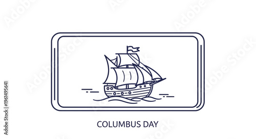 Minimalist line art illustration of a historic sailing ship navigating waves for celebration