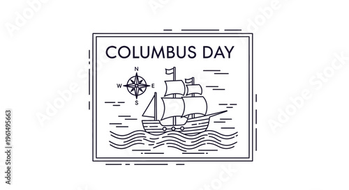 Minimalist line art illustration for historic sea exploration featuring an old sailing ship and a