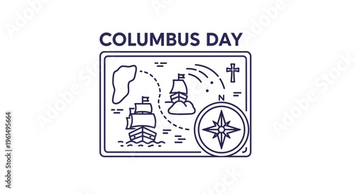 Minimalist linear graphic illustration depicting historical maritime exploration and discovery