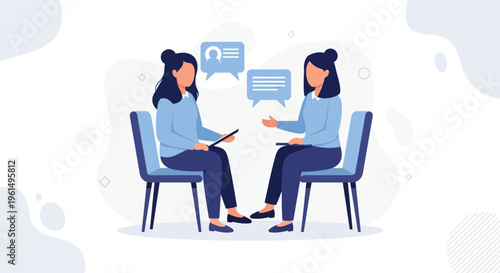 Two women in a conversation, discussing ideas with speech bubbles, modern flat illustration