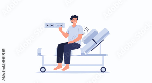 Patient sitting on hospital bed, pressing call button, medical care concept