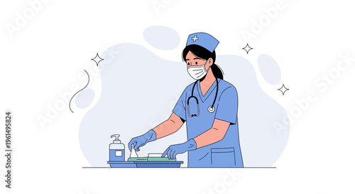 Nurse in Blue Uniform Wearing Mask and Gloves Preparing Medical Supplies
