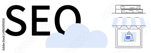 Digital marketing, content strategy, ecommerce, online visibility, web traffic, search engine optimization. SEO text with a cloud, books and storefront bag graphic. Digital marketing and ecommerce