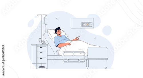Man in hospital bed with IV drip, holding remote control, medical care concept