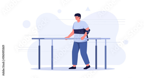 Man with exoskeleton walking on parallel bars in physical therapy