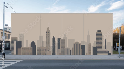 Urban street view with mural of city skyline silhouette on a large wall, graphic illustration, public art