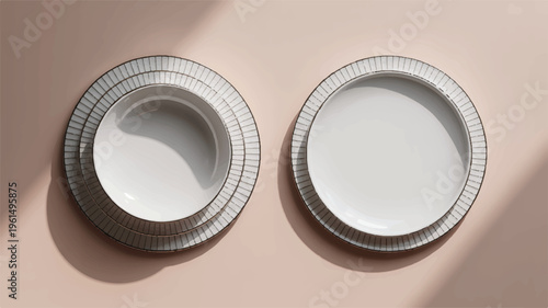Two ceramic plates with textured rims on a pastel background, top down view, clean dishes, flat lay