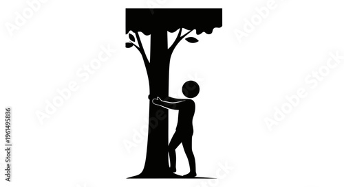 Simple iconic silhouette showing a person hugging a tree trunk representing nature conservation