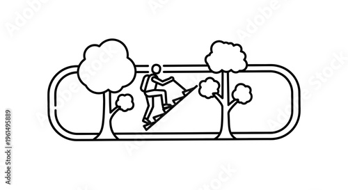 Minimalist outdoor adventure graphic featuring a hiker ascending a natural slope surrounded by