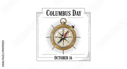 Vintage compass illustration for Columbus Day celebration on October 14th honoring historical