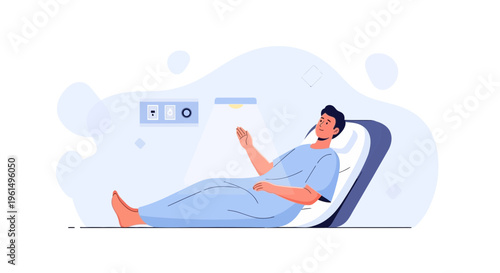 Man in hospital bed, medical care, patient recovery, healthcare illustration
