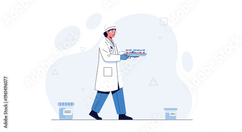 Scientist carrying tray of test tubes, medical research, laboratory, healthcare concept