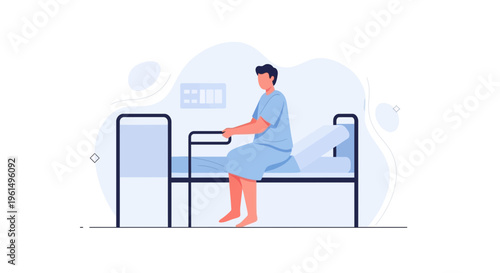Patient sitting on hospital bed, medical care, healthcare concept illustration