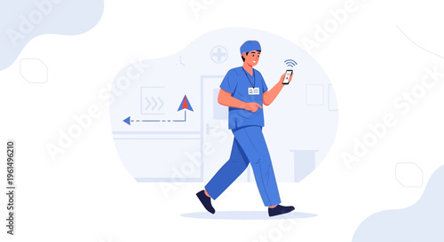 Doctor with smartphone in hospital hallway, navigation app concept