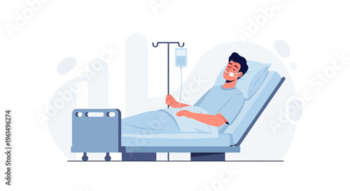 Patient in hospital bed with IV drip, medical treatment and recovery concept