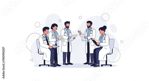 Diverse doctors collaborating in a modern medical meeting, discussing patient care.