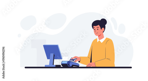 Cashier using credit card reader at checkout counter with computer screen