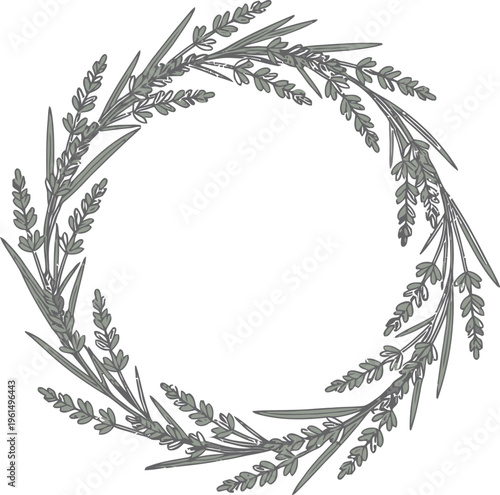 Hand-drawn illustration of a beautiful round frame or wreath created with delicate lavender sprigs and green leaves, perfect for elegant wedding invitations and decorative elements.