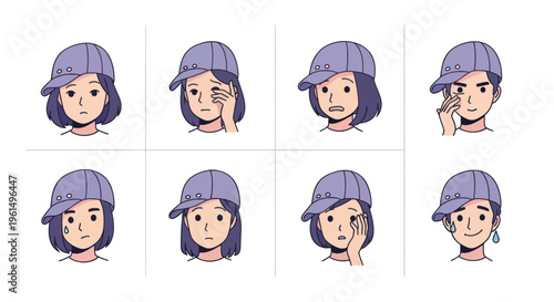 Cartoon avatar set of a young person in a purple cap showing different emotions including sadness, worry, confusion and tears, perfect for character design and storytelling