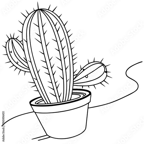 A potted cactus with sharp spines and two small arms growing from the side of the main plant sits in a simple pot on a flat surface with squiggly line in a black and white vector graphic illustration.