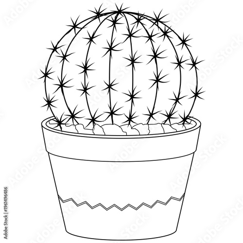A vector graphic illustration of a potted cactus with sharp spines and a decorative pot showcasing a simple yet detailed design of a common desert plant.
