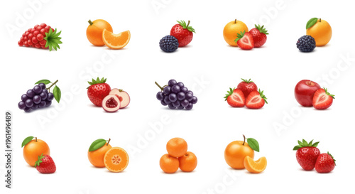 Collection of fresh assorted berries and citrus fruits including strawberries, blackberries, grapes, apricots, and pomegranate on white background, healthy food concept