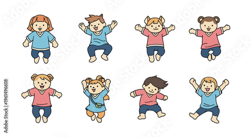 Happy jumping cartoon children and kids in colorful clothes with animal features, playful characters illustration for kids and education projects