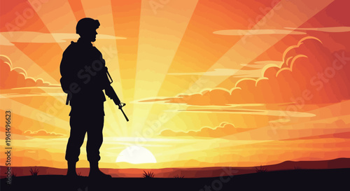 Silhouette of a brave soldier standing at attention with his rifle during a beautiful and patriotic sunset, representing dedication, honor, and service to the country.