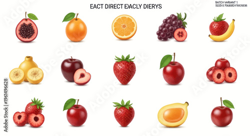 Illustration of various fresh fruits including strawberry, apple, orange, banana, grape, passionfruit, and papaya, perfect for healthy lifestyle and food design