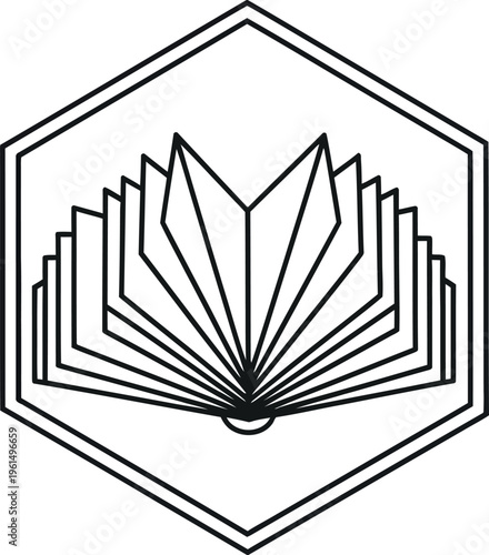 Minimalist line art logo design featuring an open book fanned out within a geometric hexagonal frame symbolizing knowledge and learning concepts.