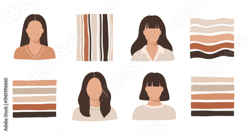 Abstract faceless female avatars and earth tone color palettes, minimalistic flat design for social media and branding